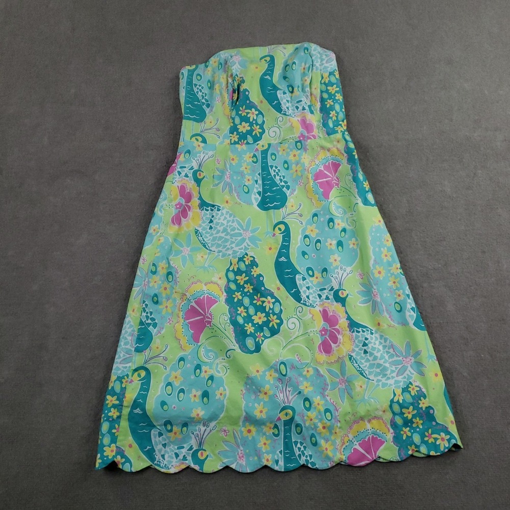 Vtg Lilly Pulitzer Dress Womens 10 Green Fit &‎ Flare Strapless Lined Peacock